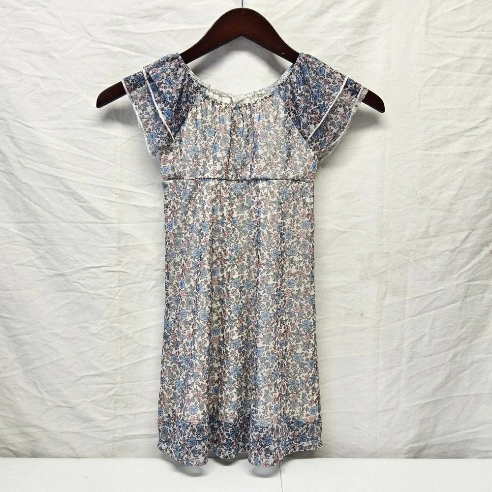 Sweet Butterfly Floral Mesh Dress Girl S 7/8 White Pink Blue Flutter Sleeve Boho